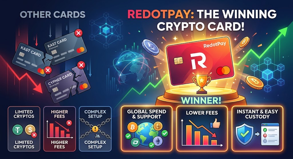 Comparison graphic showing RedotPay as a crypto card alternative next to other cards with notes about crypto support, fees, and easier setup