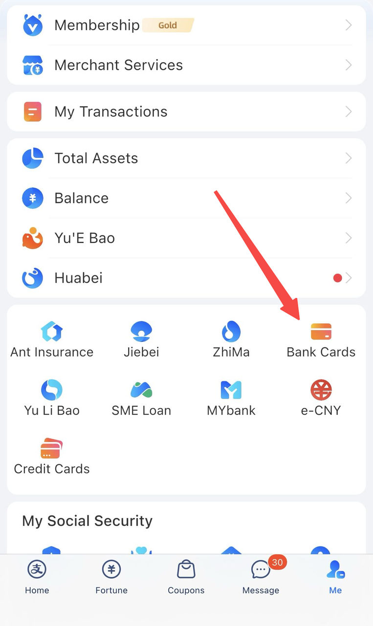 Alipay Me page showing the Bank Cards entry