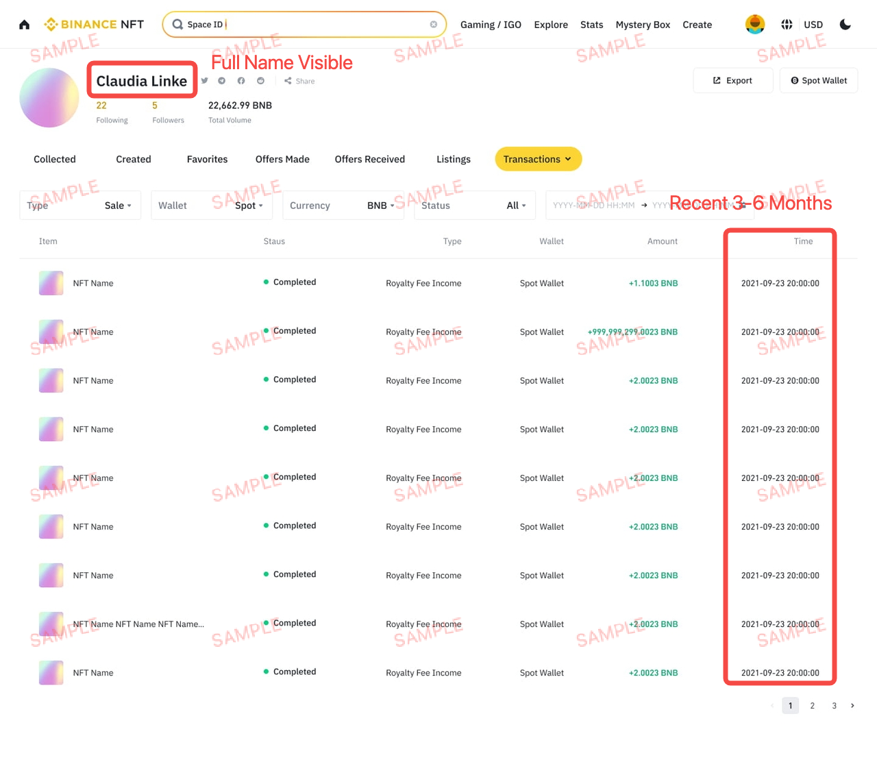 Sample crypto platform transaction history highlighting the account name and recent transaction dates for EDD