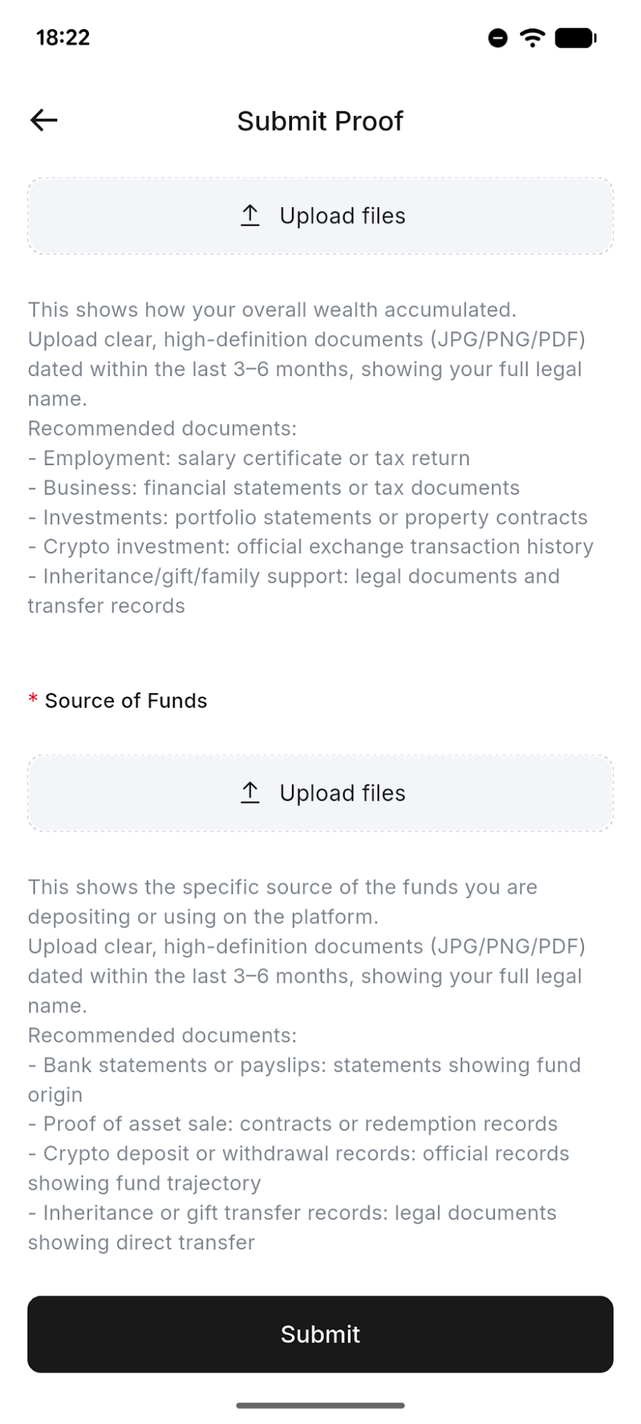 RedotPay EDD Submit Proof screen with upload fields for source of wealth and source of funds