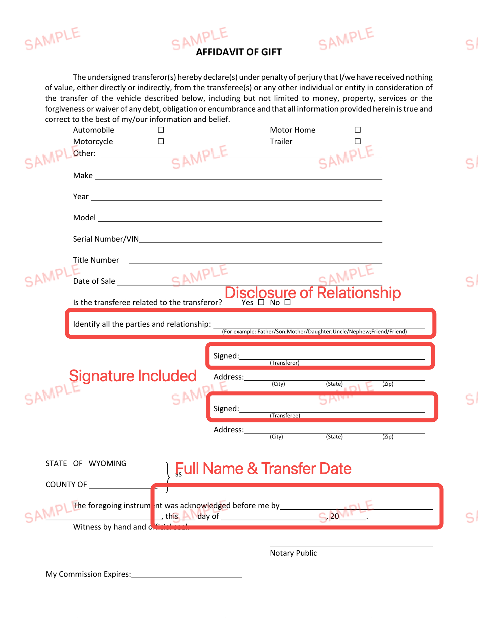 Sample gift affidavit highlighting relationship disclosure, signatures, full name, and transfer date