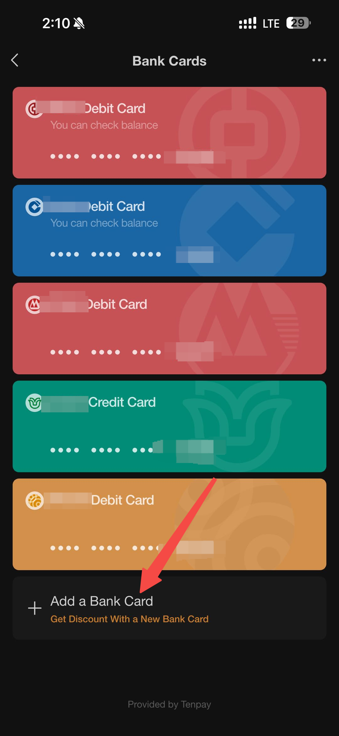صفحة Bank Cards في WeChat تعرض Add a Bank Card