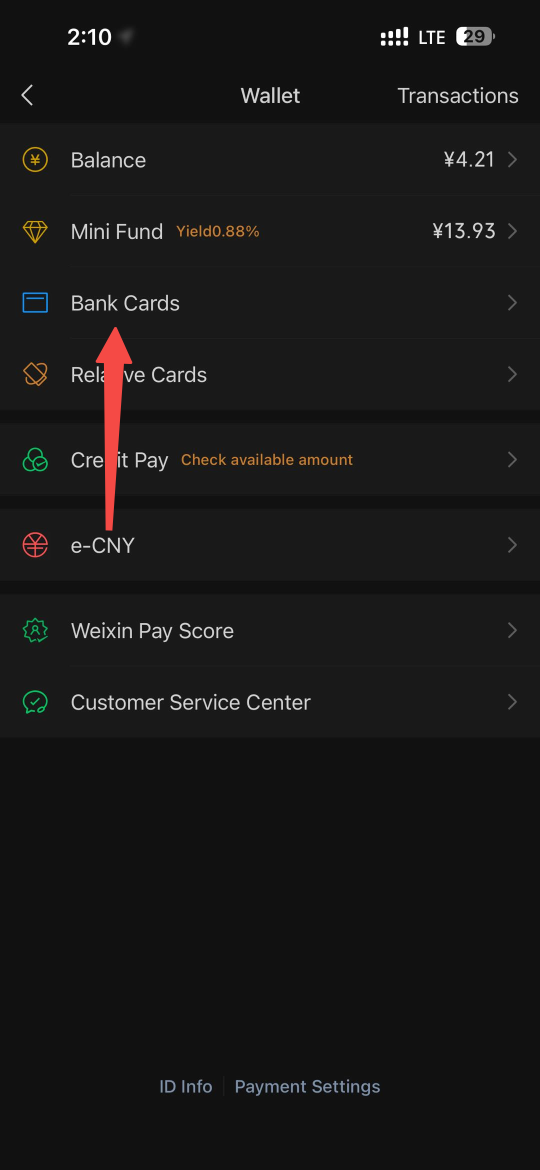 WeChat Wallet page showing the Bank Cards entry