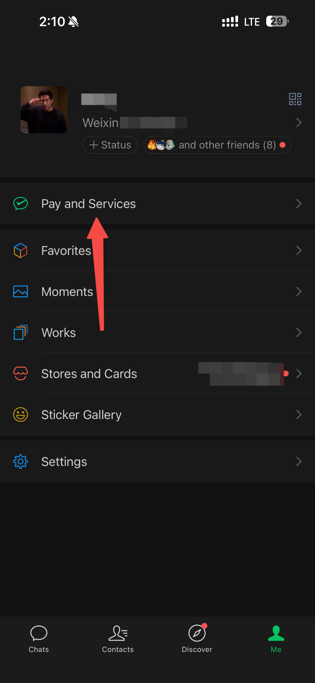 WeChat Me tab showing the Pay and Services entry